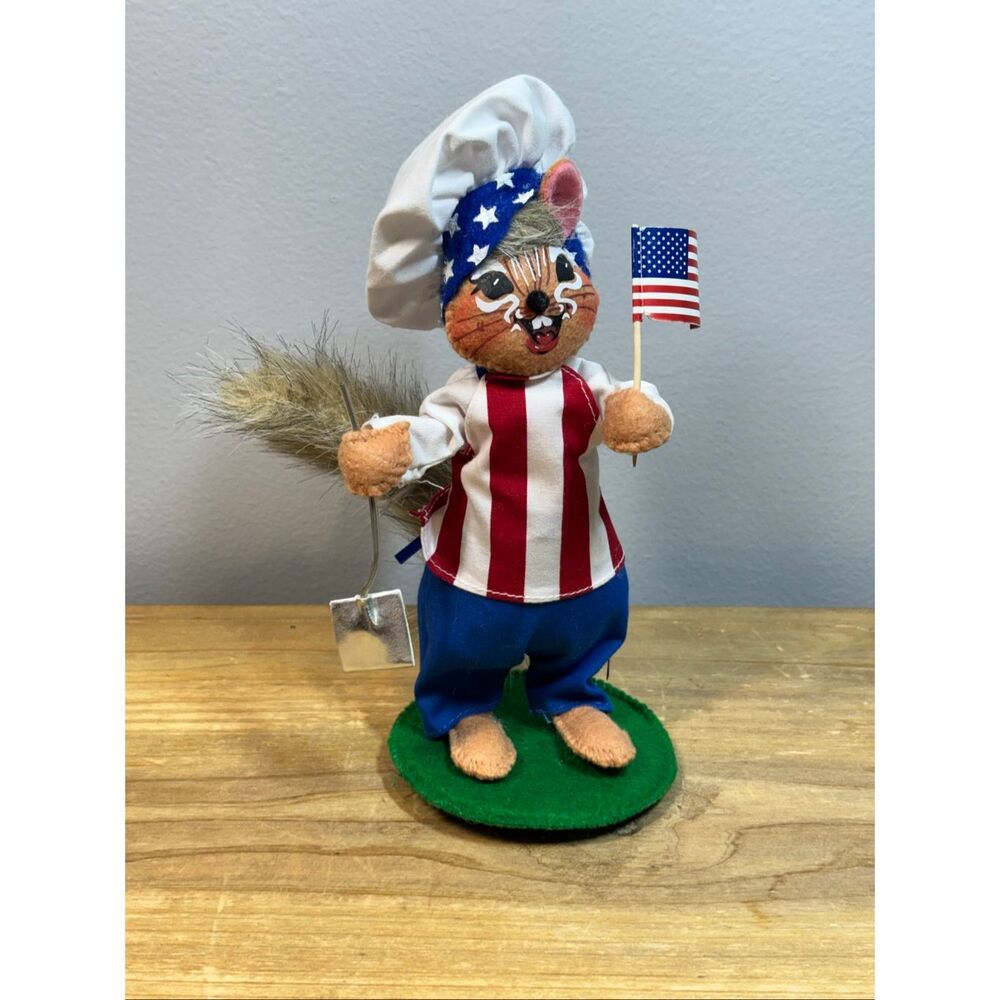 Annalee Patriotic Red White and Blue BBQ Chef Squirrel holding American flag